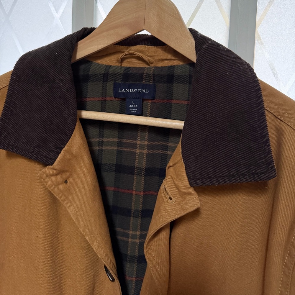 Landsend Tan Jacket with Dark Brown Corduroy Collar Chore Barn Coat - Picture 3 of 7